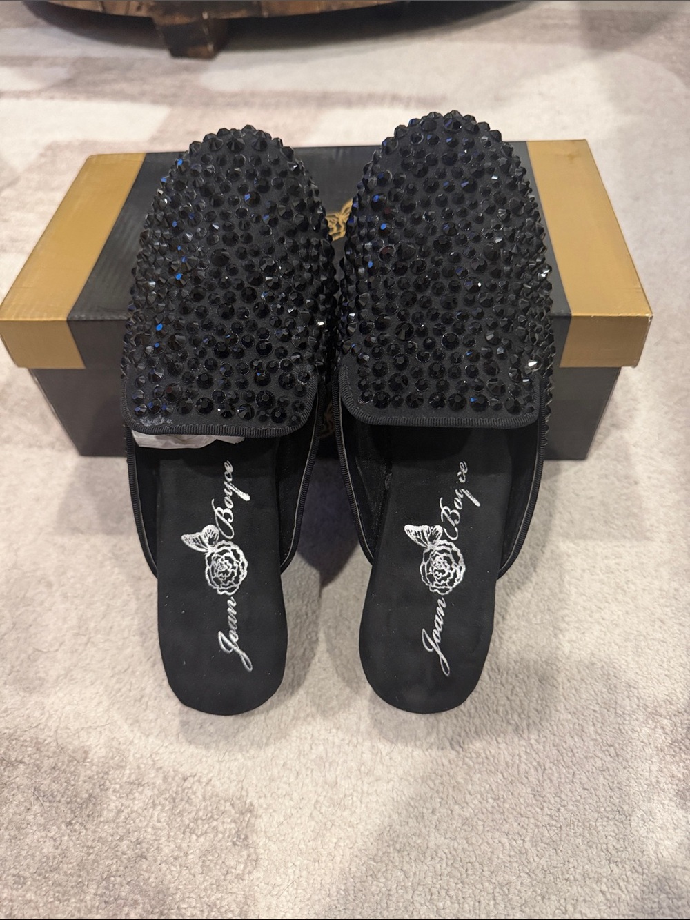 Joan Boyce Black Crystal-Embellished Slip-On Mules